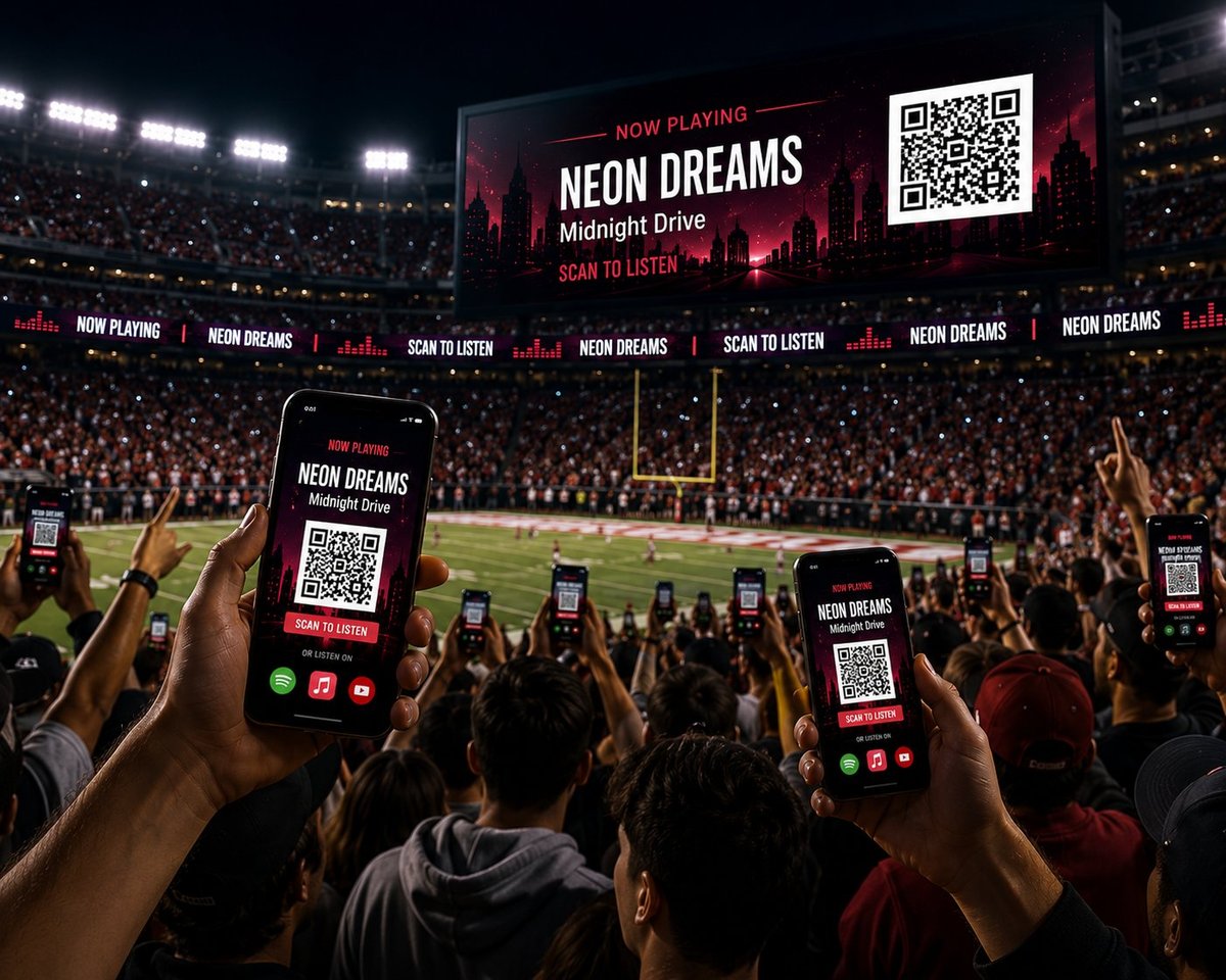 Stadium crowd scanning QR codes on the videoboard during a music placement — Now Playing Neon Dreams