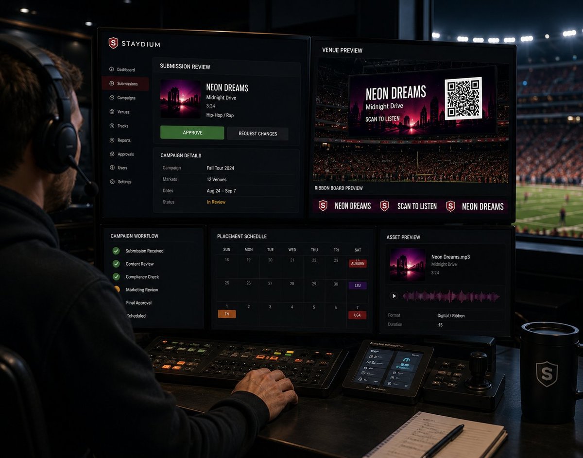 Staydium submission review console — operator reviewing a music submission with venue board preview