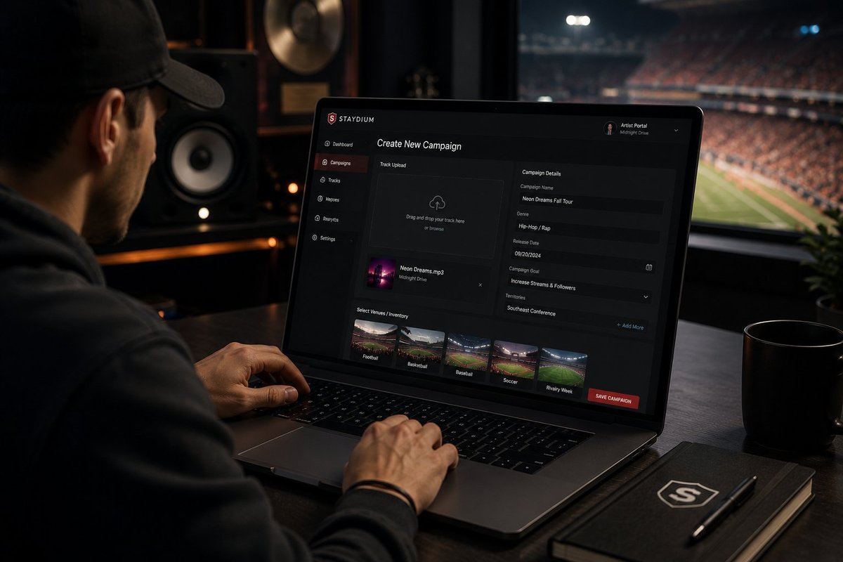Staydium artist portal — creating a new campaign with track upload, campaign details, and venue selection